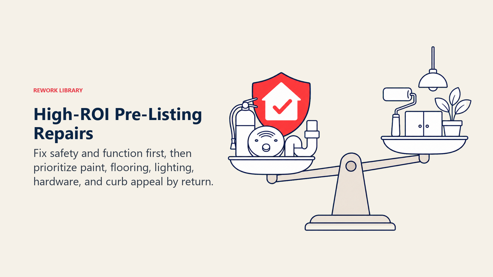 High-ROI Pre-Listing Repairs: a repair priority scale balancing safety tools against cosmetic upgrades with a coral high-return weight