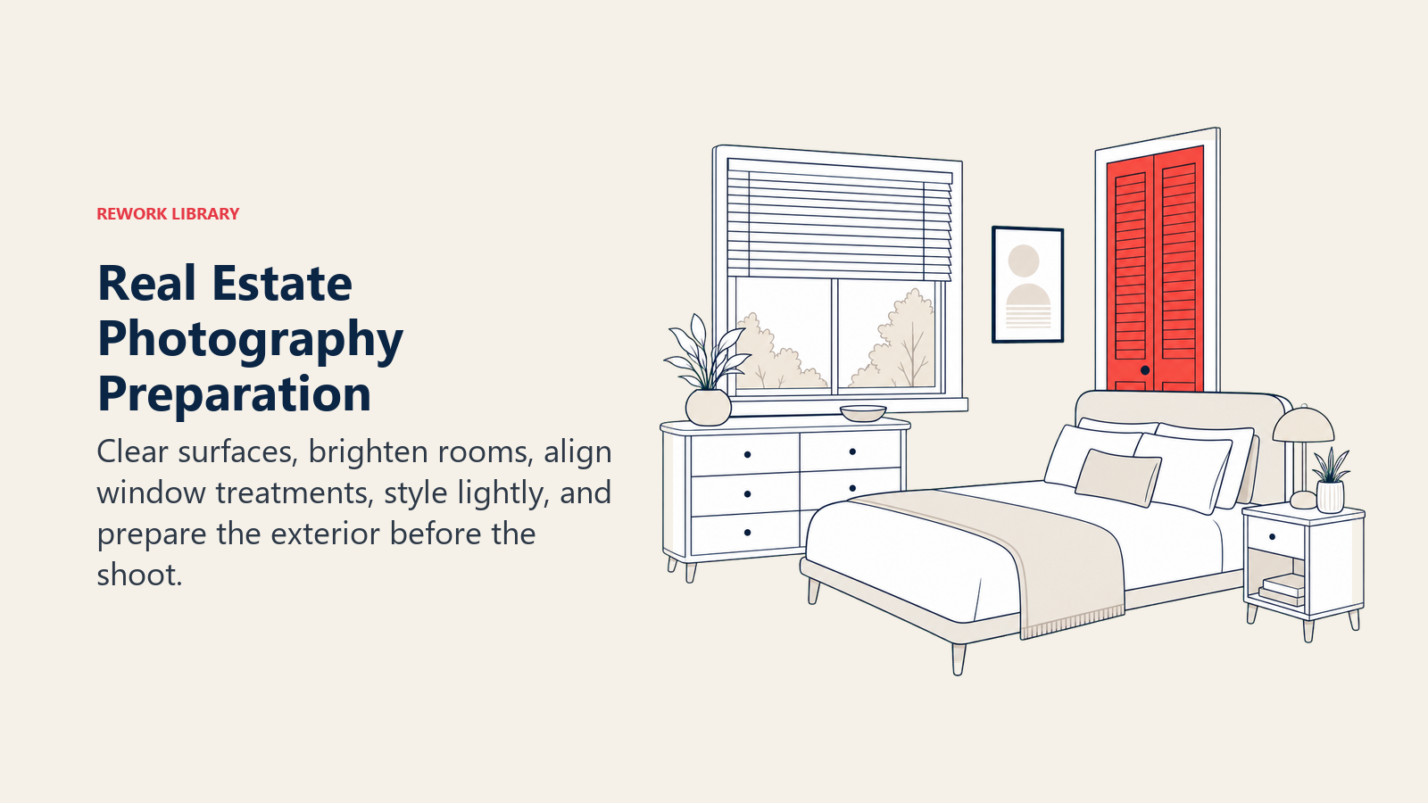 Real Estate Photography Preparation: a listing camera framing a bright uncluttered room with open blinds, neat bed, clear counter, and coral shutter accent