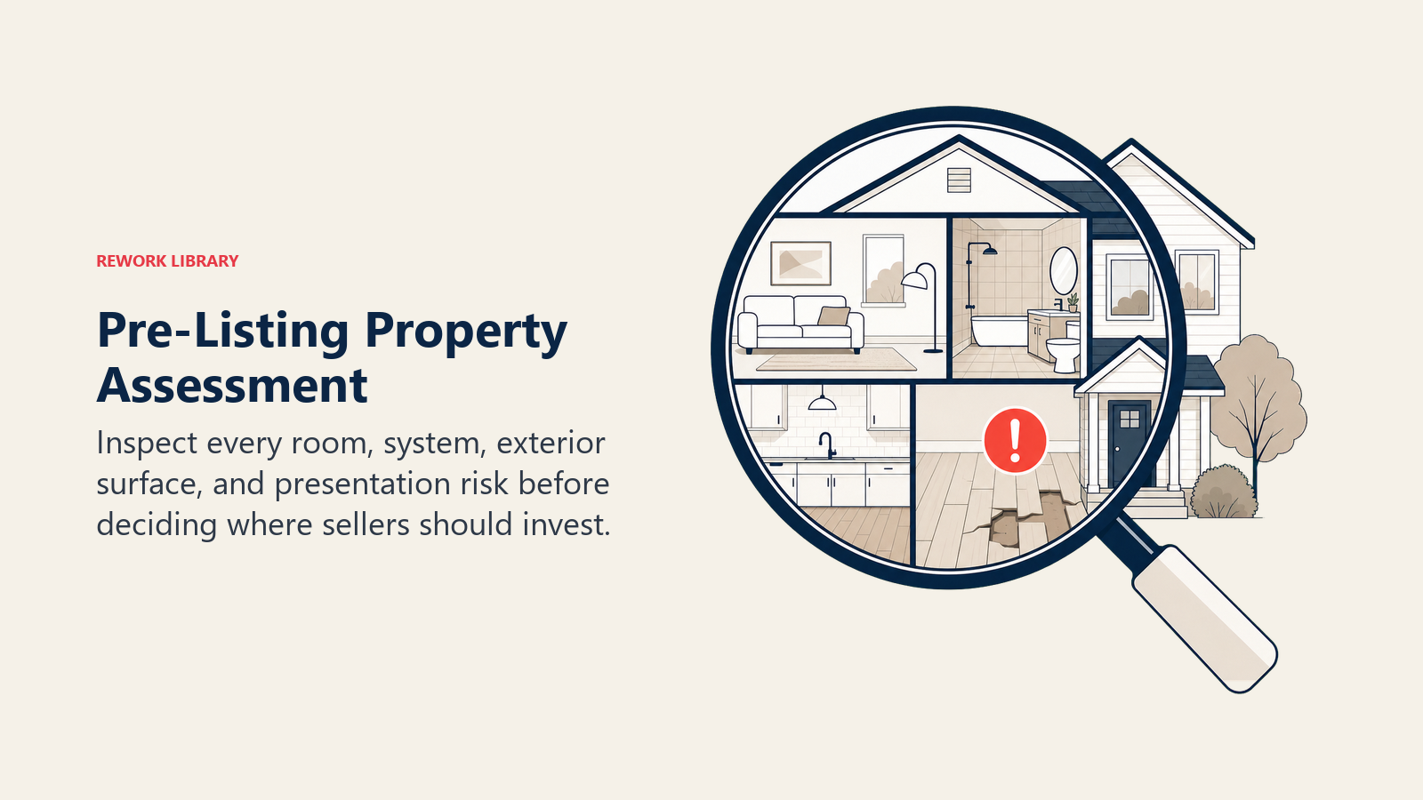 Pre-Listing Property Assessment: a whole-home inspection lens revealing room condition, lighting, flooring, exterior, and one coral priority marker