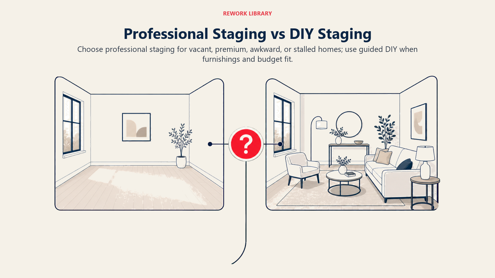 Professional Staging vs DIY Staging: a wide direct split comparison of a professionally staged vacant room and a seller-led furnished room around one decision key