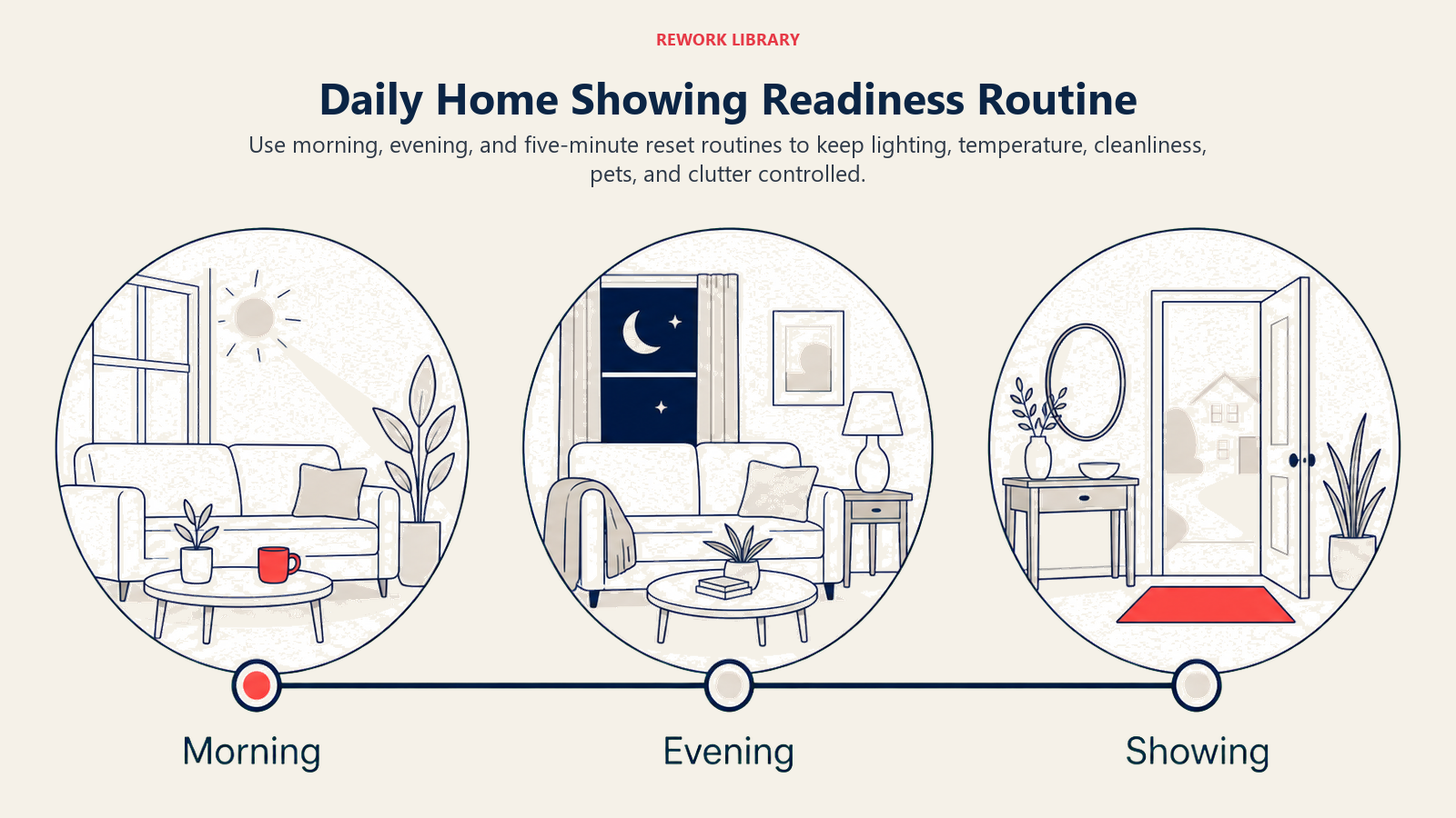Daily Home Showing Readiness Routine: a wide day-cycle timeline labeled Morning, Evening, Showing linking three reset moments around a show-ready home