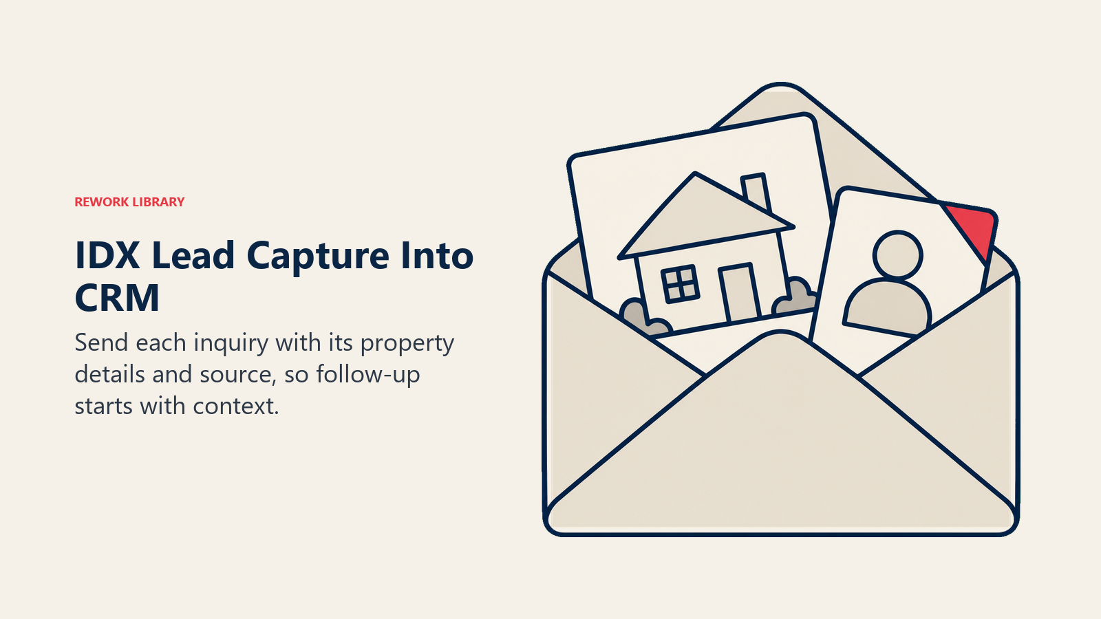 IDX lead capture shown by contact and property cards arriving together in one envelope.
