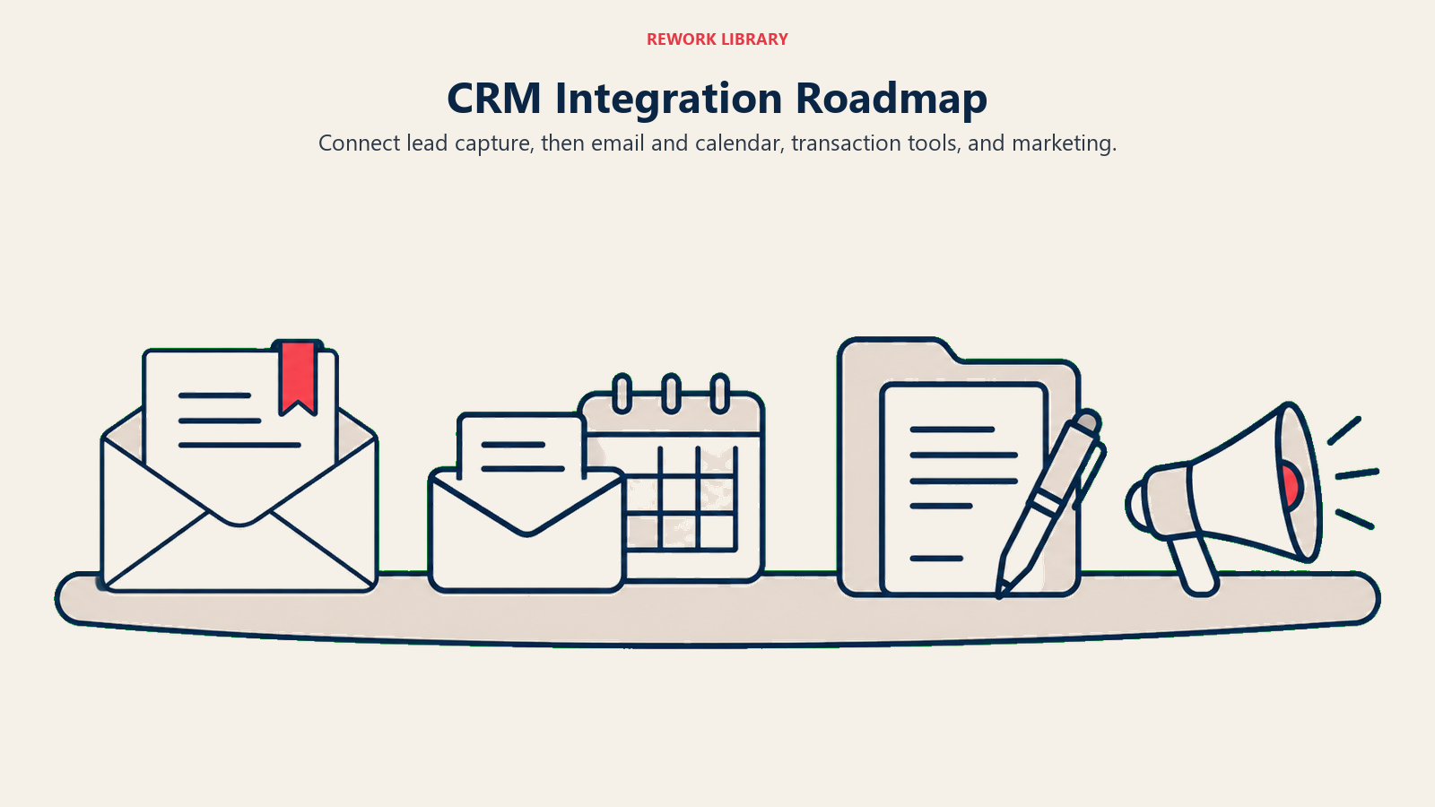 CRM integration roadmap moving from lead capture through email and calendar, documents and marketing.