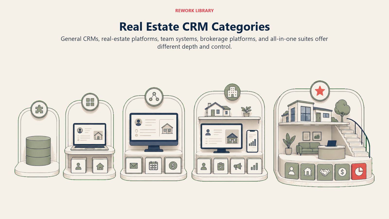 Real Estate CRM Categories: a wide showroom of five distinct CRM category architectures ranging from flexible core to integrated brokerage suite