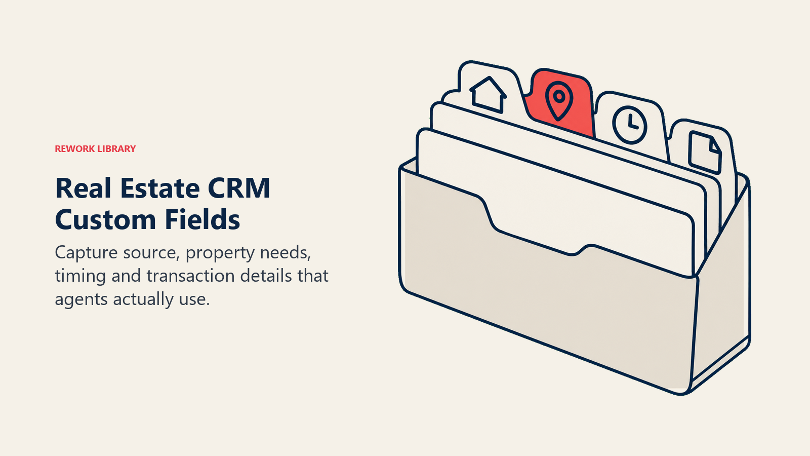 Real estate CRM custom fields organized as property, location, timing and document tabs in one record sleeve.