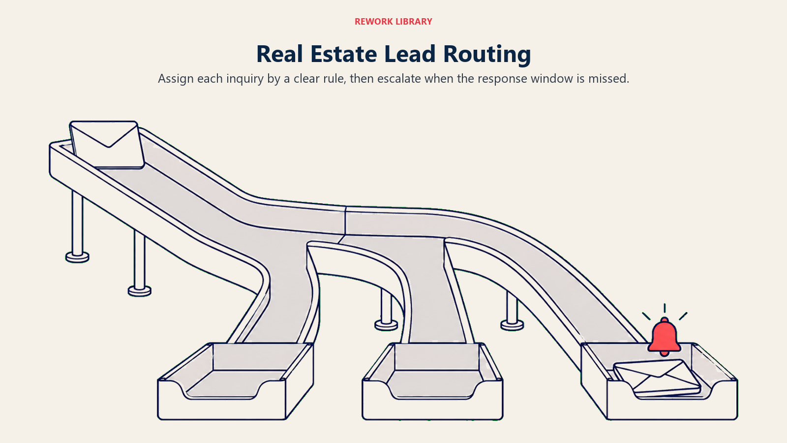 Real estate lead routing shown by a sorting chute delivering inquiries to three trays with an escalation bell.