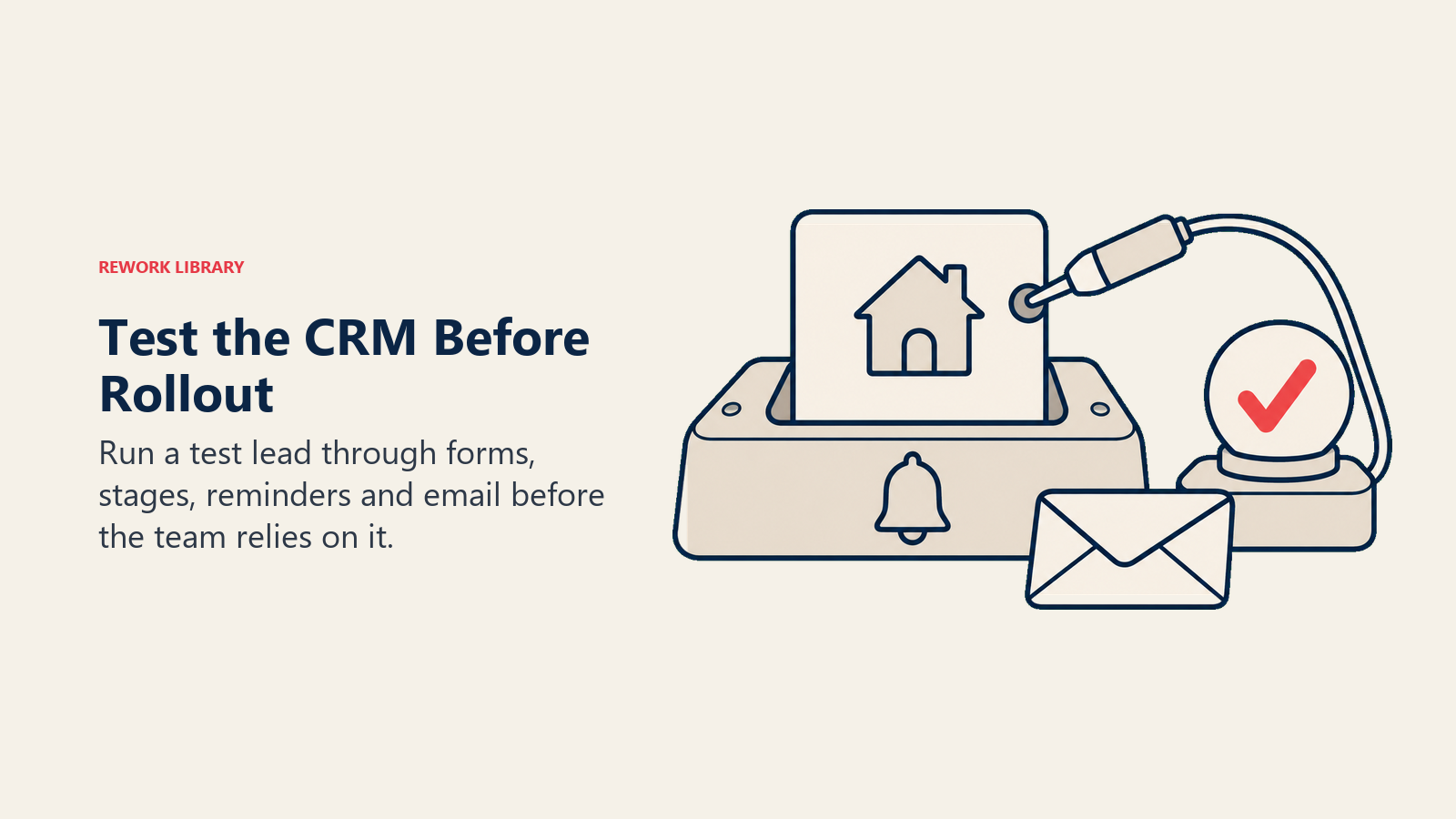 CRM rollout testing shown by a test contact in a verification cradle with email and reminder symbols.