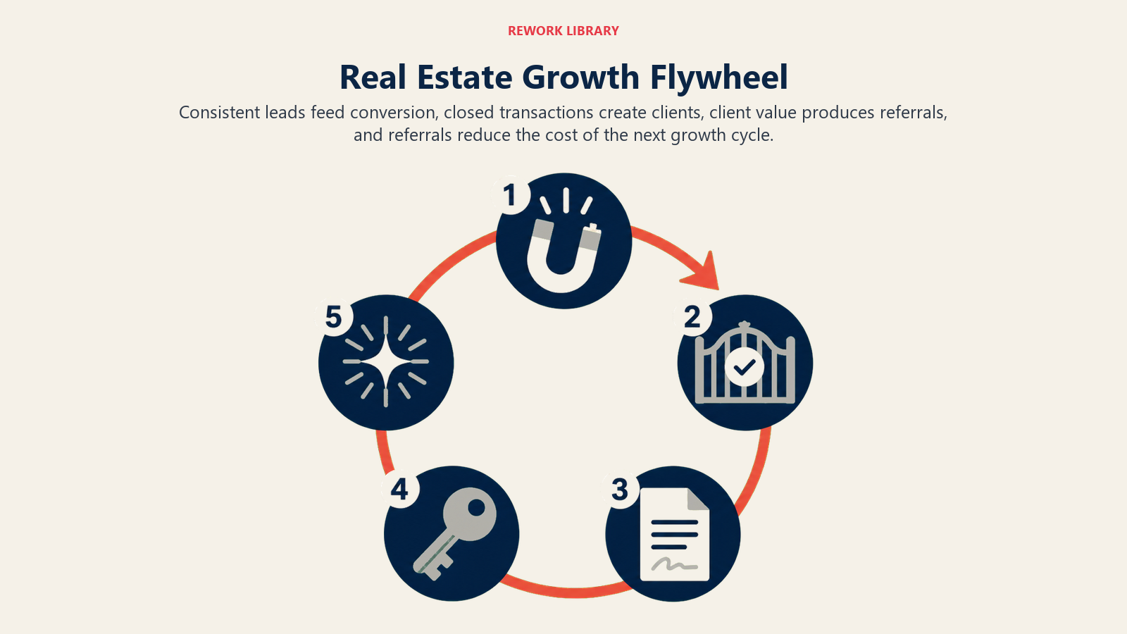 Real estate growth flywheel cycling through leads, conversion, closing, clients, and referrals