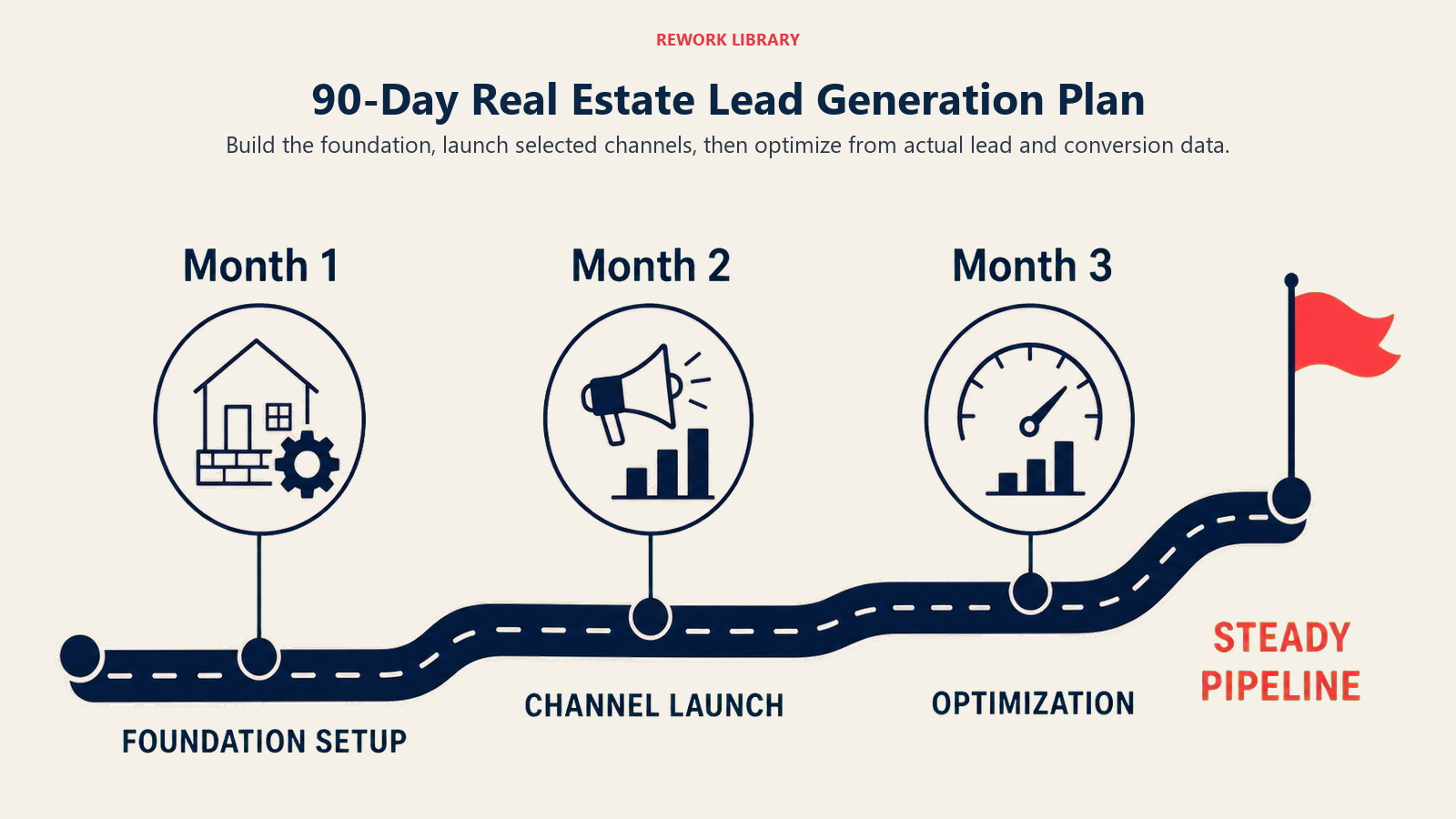 90-Day Real Estate Lead Generation Plan illustrated with a wide three-stage launch road with large sparse labels Month 1, Month 2, Month 3; foundation setup, channel launch, and optimization gauge at successive milestones, ending at a coral steady-pipeline flag.