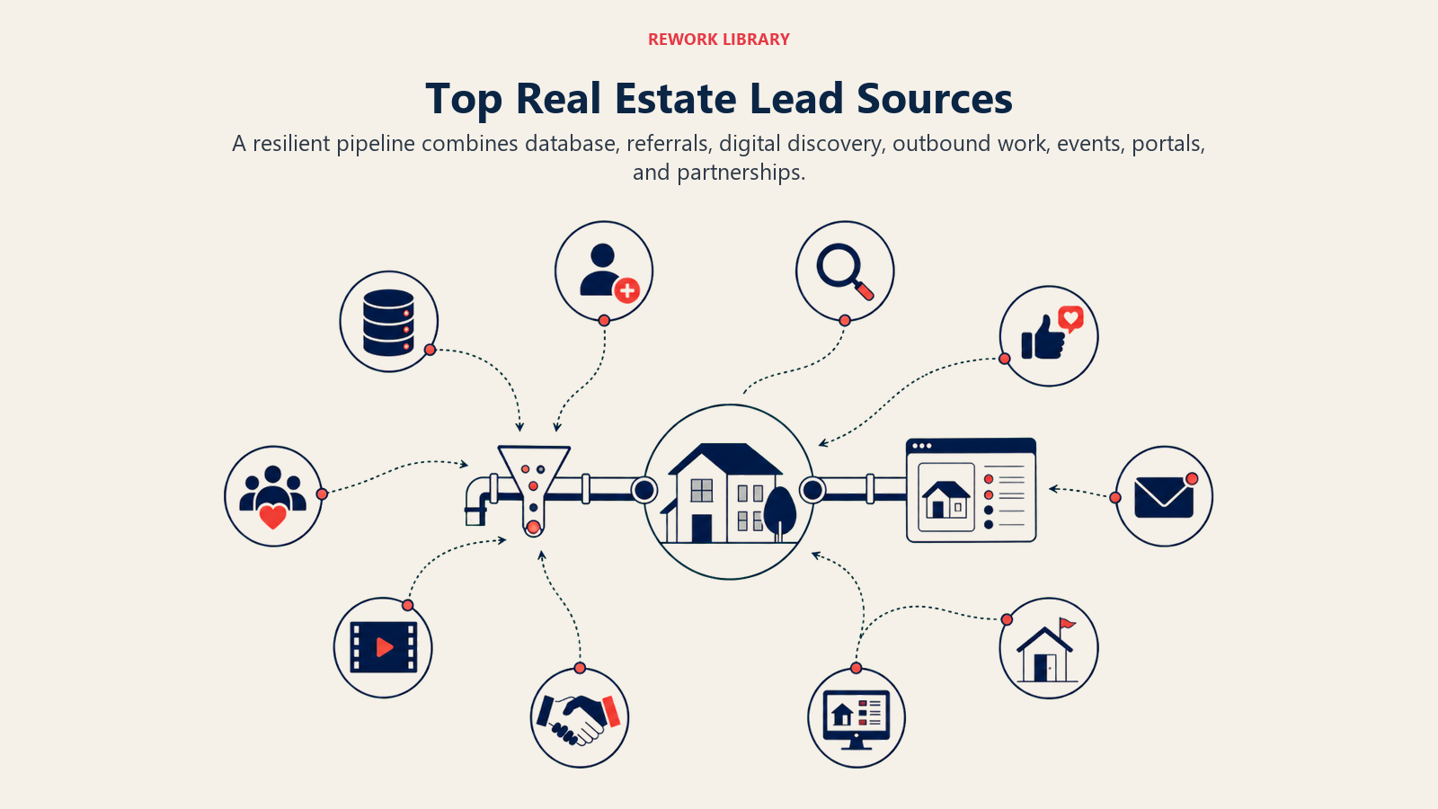 Top Real Estate Lead Sources illustrated with a wide ecosystem of ten clearly separated source objects arranged in an asymmetric orbit around a central property pipeline, including database, referral, search, social, mail, open house, portal, partner, video, and community symbols; no labels.