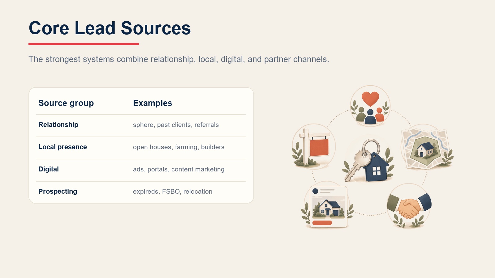 Core real estate lead source groups table showing relationship, local presence, digital, and prospecting examples