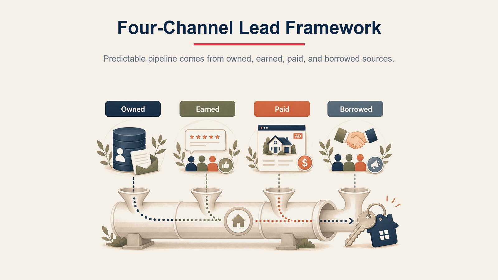 Four-channel real estate lead generation framework showing owned, earned, paid, and borrowed channels feeding a pipeline