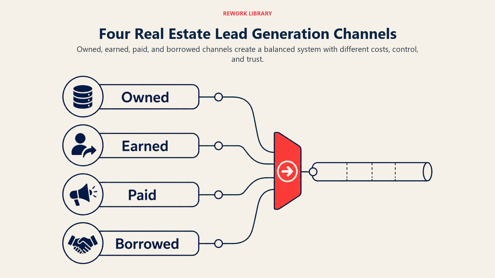 Four Real Estate Lead Generation Channels illustrated with a wide four-lane framework flowing into one pipeline, with large sparse labels Owned, Earned, Paid, Borrowed and matching symbols for database, referral, ad, and partnership; one coral conversion gate.
