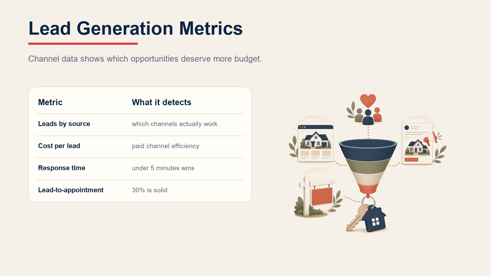 Real estate lead generation metrics table showing leads by source, cost per lead, response time, and lead-to-appointment rate