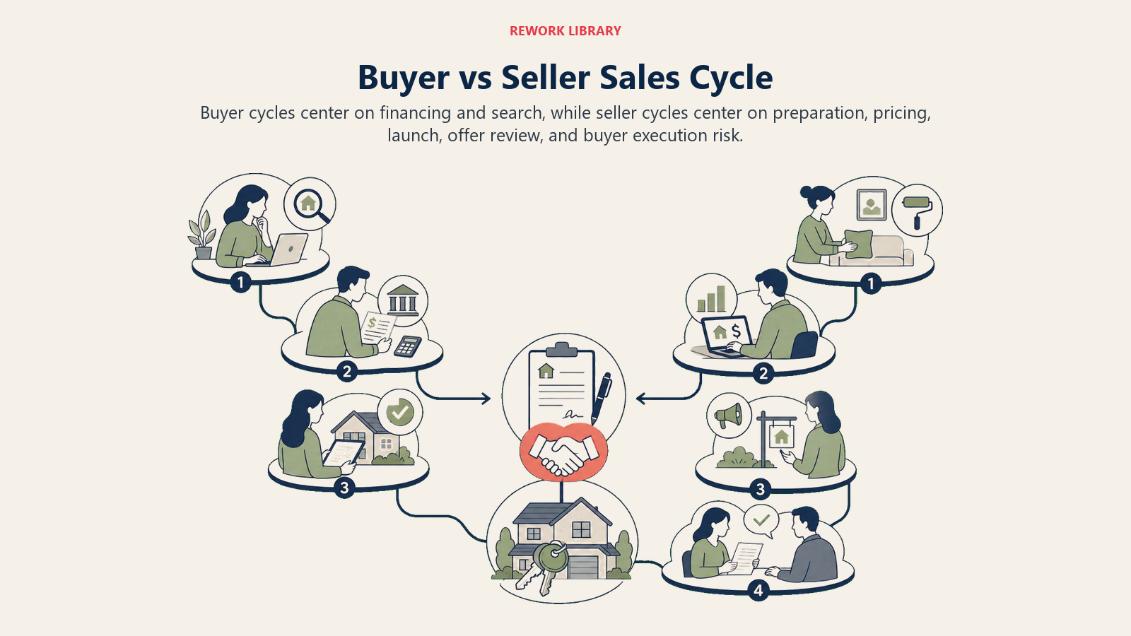 Buyer vs Seller Sales Cycle illustrated as buyer and seller sales-cycle paths for a real estate operating system