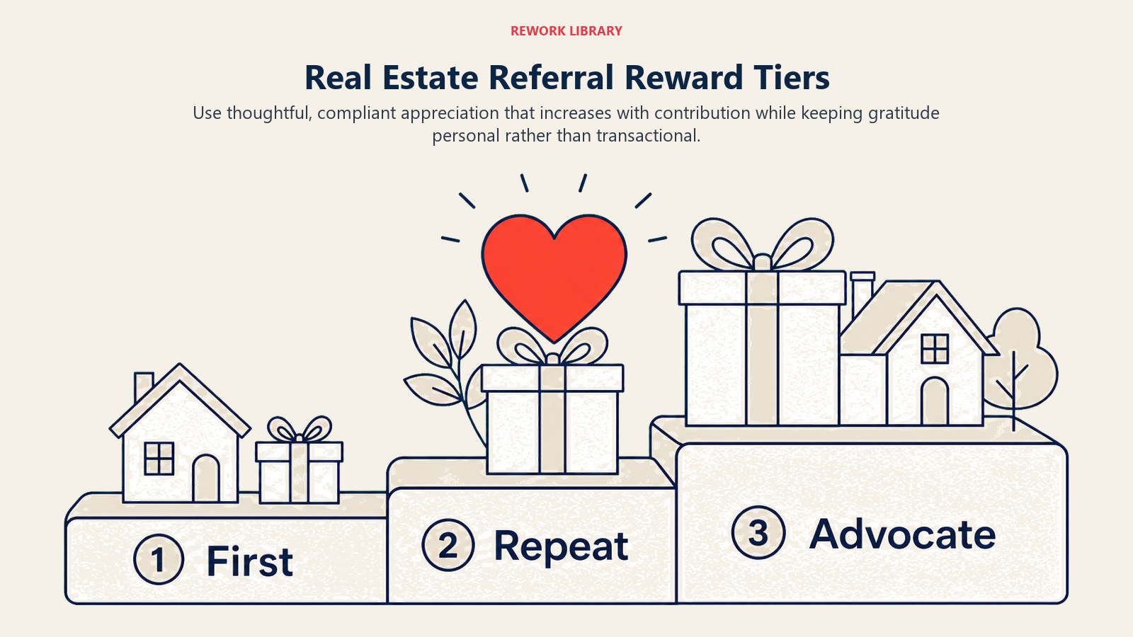 Real Estate Referral Reward Tiers: a wide three-tier appreciation display labeled First, Repeat, Advocate with escalating gifts and a coral thank-you center