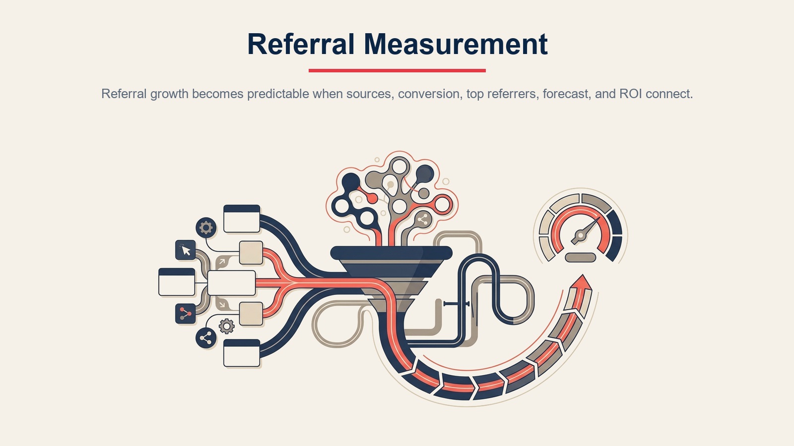 Referral measurement system covering attribution, conversion, top referrers, forecast, and ROI
