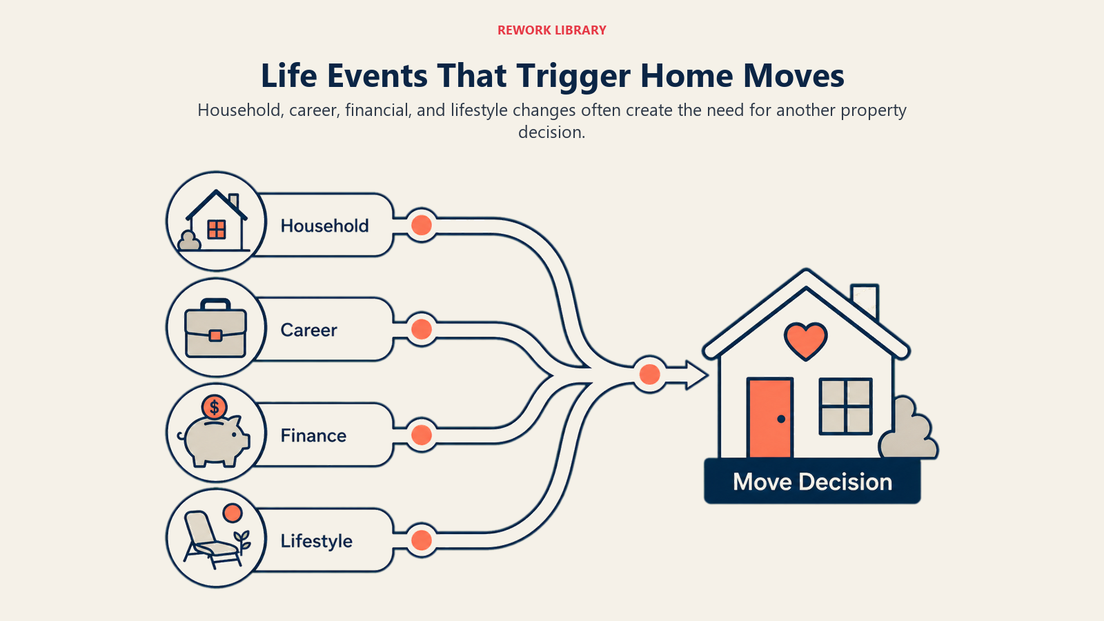 Life Events That Trigger Home Moves illustrated with four broad life-event paths for household, career, finance, and lifestyle converging on a move decision house