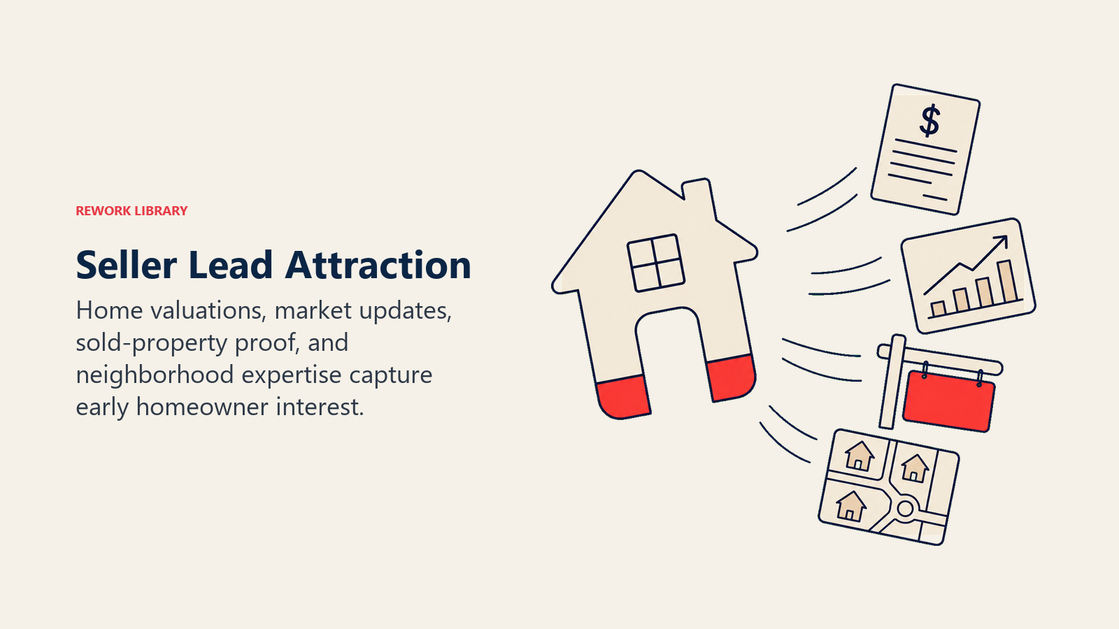 Seller Lead Attraction illustrated by Home-shaped magnet attracting valuation sheet, market chart, sold sign, and neighborhood map tokens
