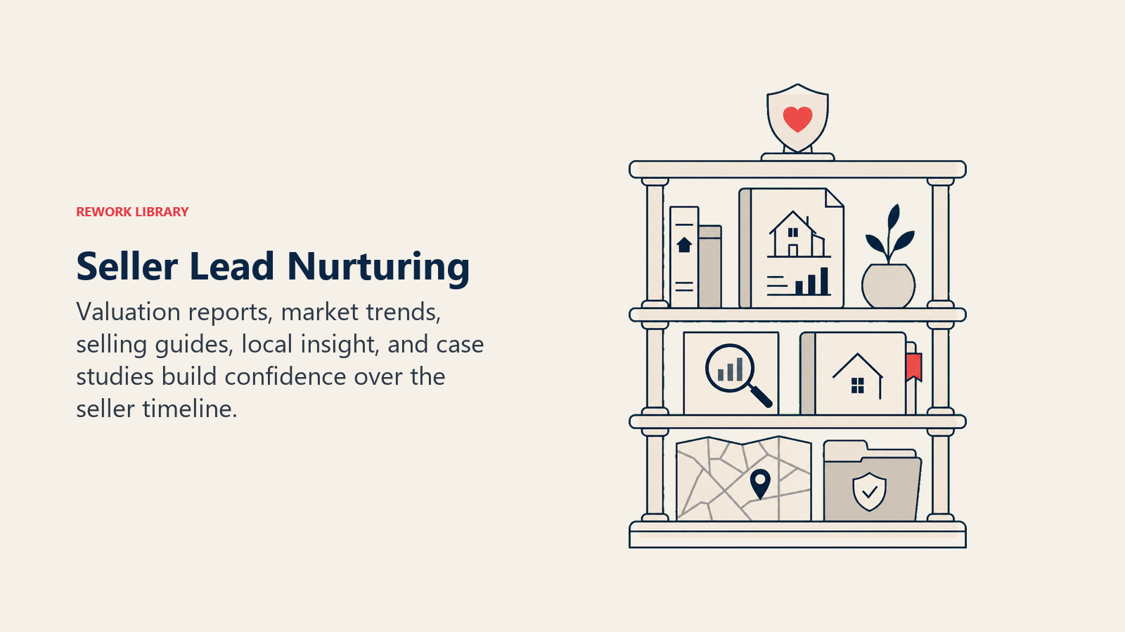 Seller Lead Nurturing illustrated by Layered trust bookshelf holding a valuation report, market lens, seller guide, neighborhood map, and proof folder