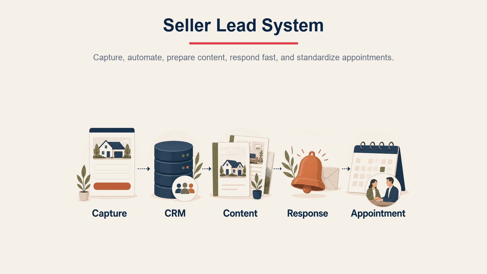 Seller lead system visual showing capture, CRM, content, response, and appointment components