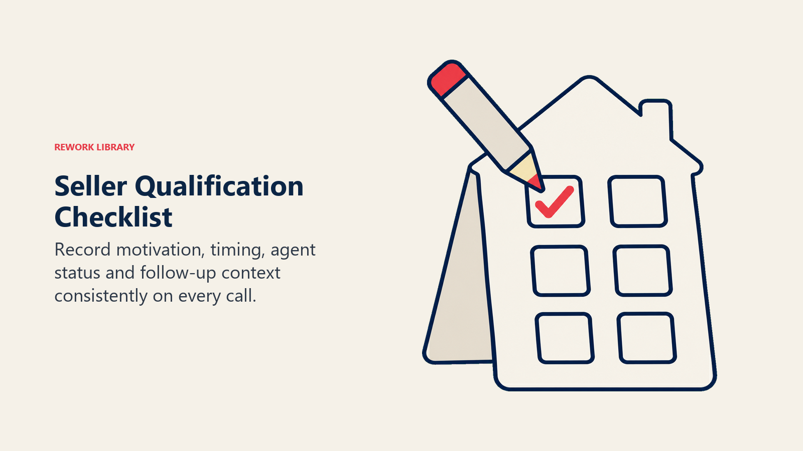 Seller qualification checklist shown as a house-shaped six-point checklist with a pencil and one checked box.