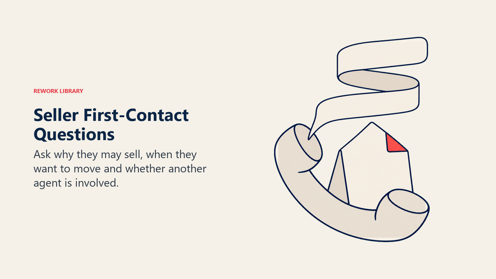 Seller first-contact questions illustrated by a telephone, house-shaped note and short conversation ribbon.