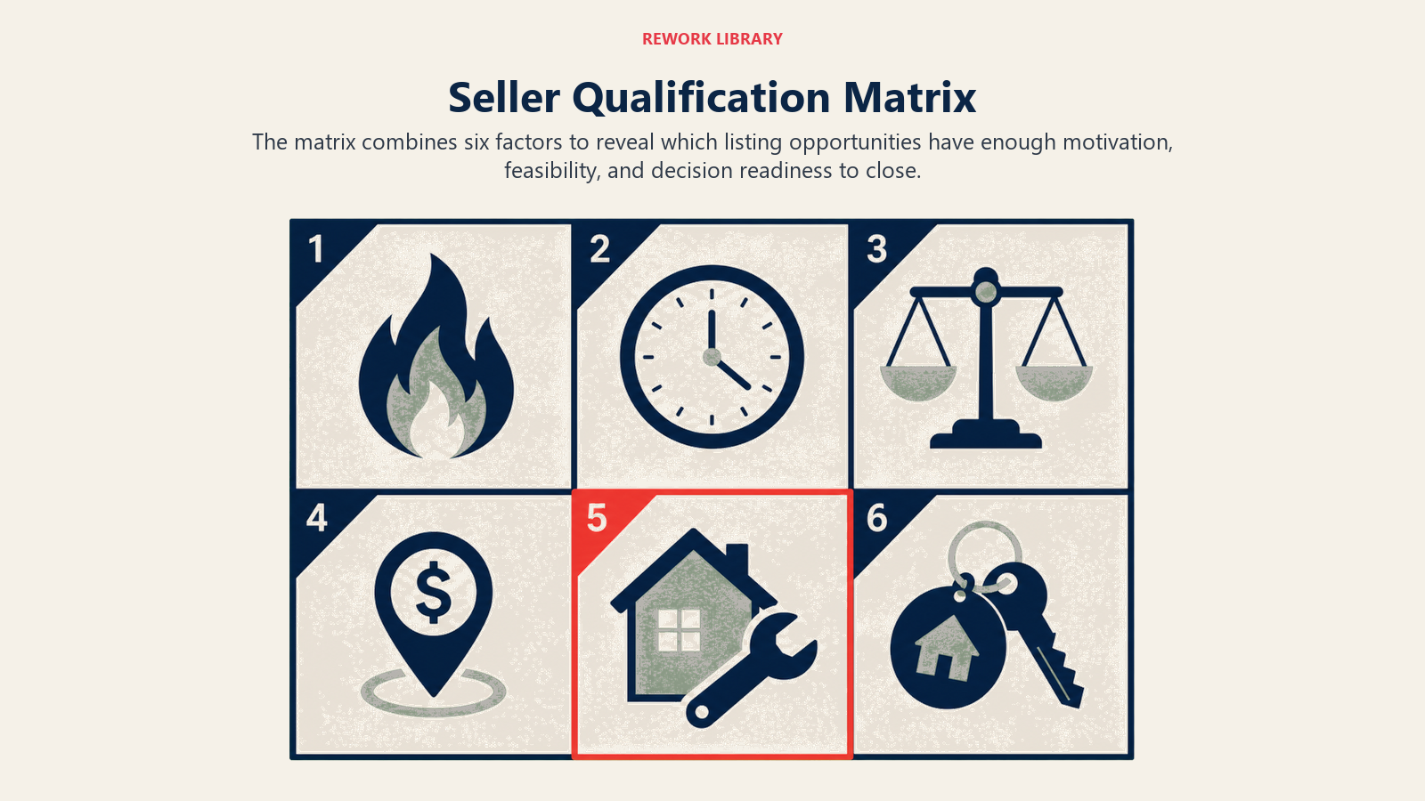 Seller qualification matrix combining motivation, timeline, finances, pricing, property, and authority