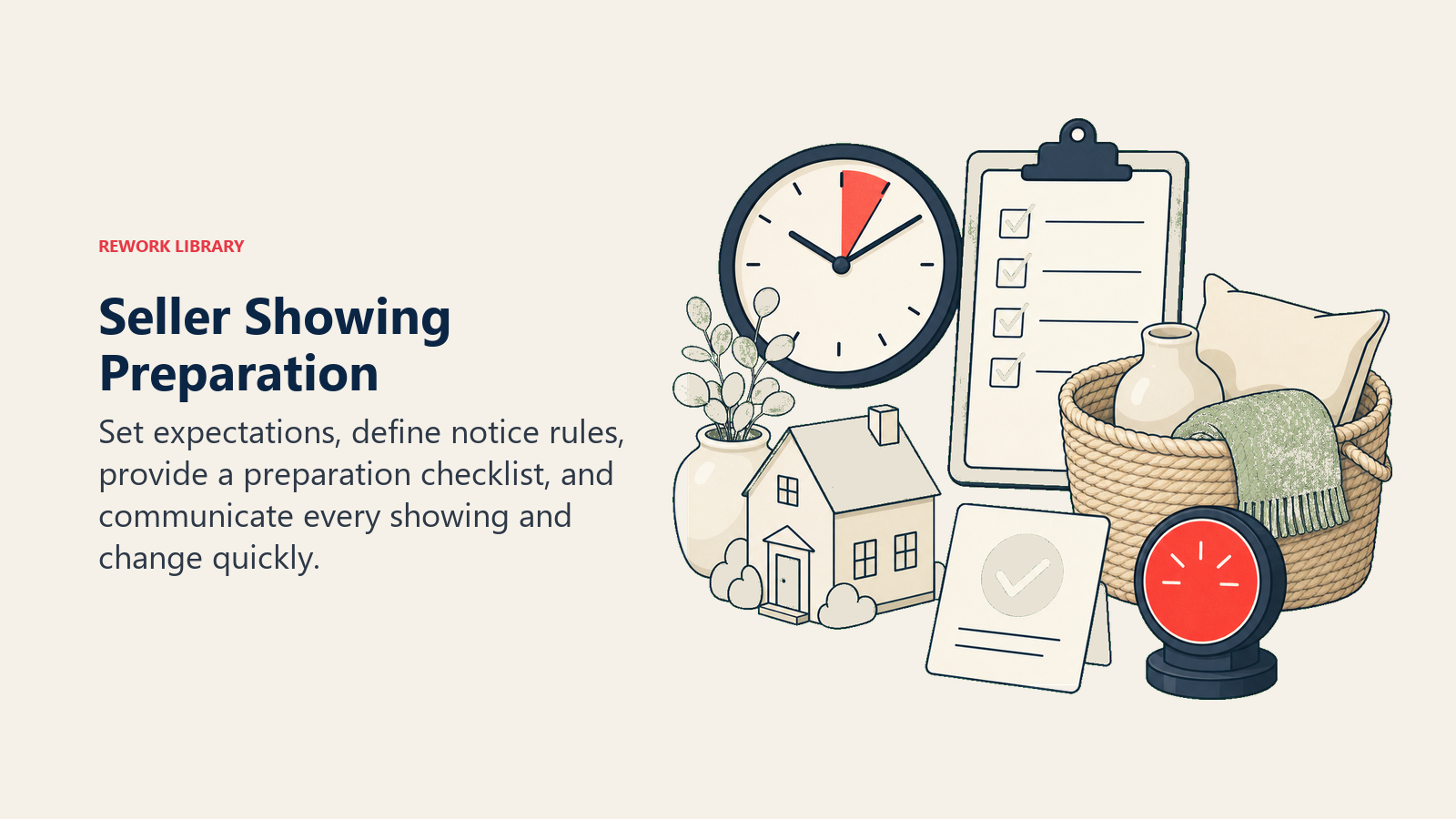 Seller Showing Preparation: a seller preparation station with notice clock, home checklist, staging basket, confirmation card, and coral ready signal