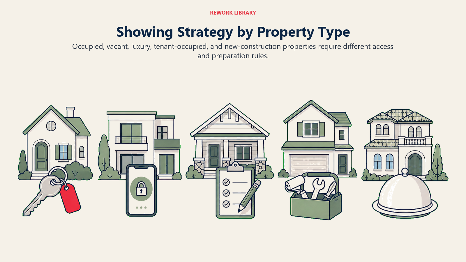 Showing Strategy by Property Type: a wide property lineup with five distinct homes, each paired with a different access and preparation mechanism