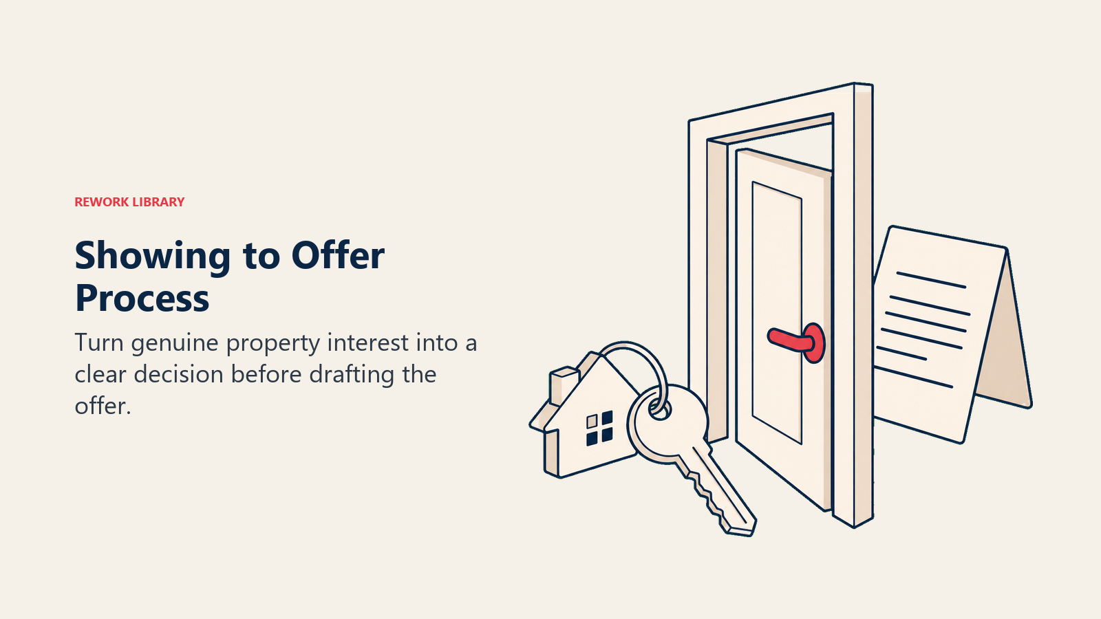 Showing to offer process shown as an open doorway between a viewing key and an offer document.