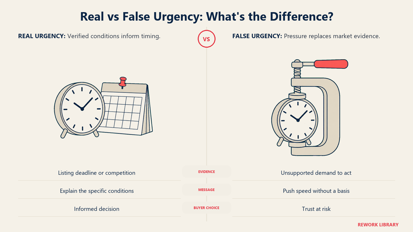 Real versus false urgency compared using a clock with a listing calendar and a clock squeezed by a clamp.