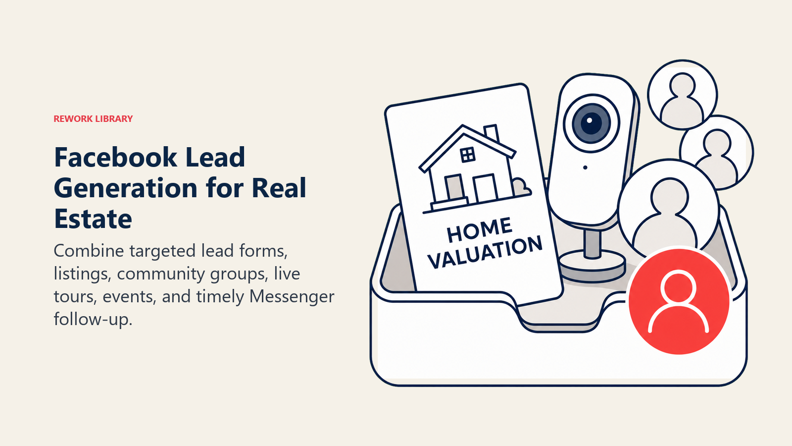 Facebook Lead Generation for Real Estate: a Facebook-neutral lead capture tray receiving a home valuation card, live-tour camera, group bubbles, and a coral contact token