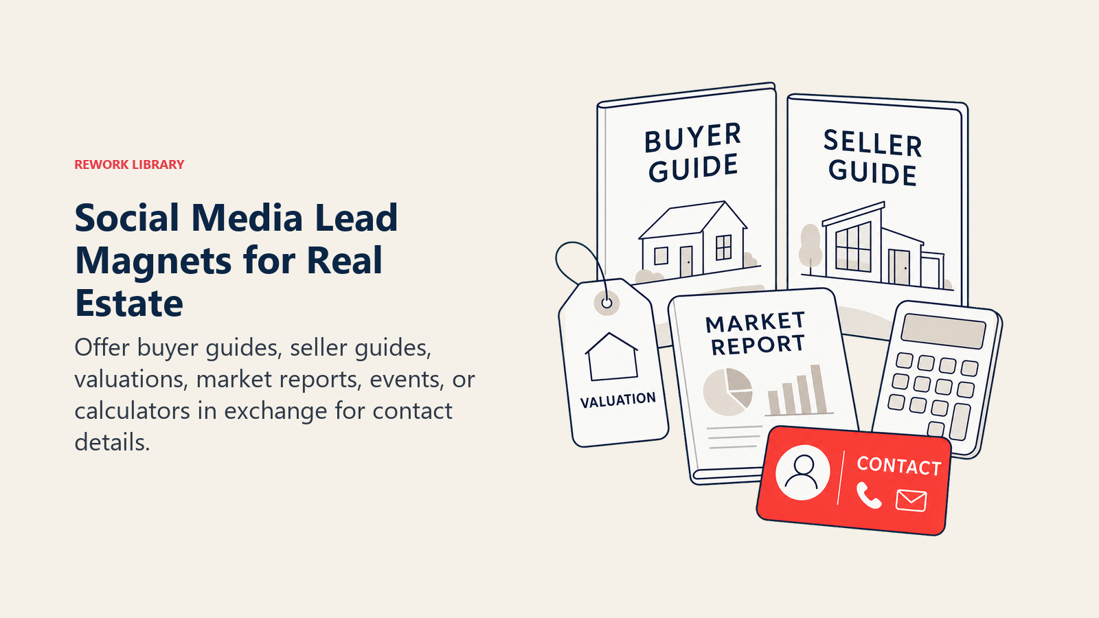 Social Media Lead Magnets for Real Estate: a curated lead-magnet toolkit with buyer guide, seller guide, valuation tag, market report, calculator, and coral contact card