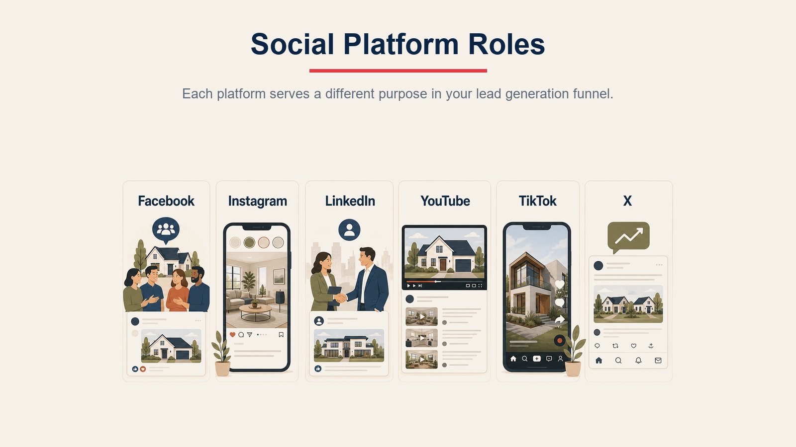 Social platform roles visual showing Facebook, Instagram, LinkedIn, YouTube, TikTok, and X roles in real estate lead generation