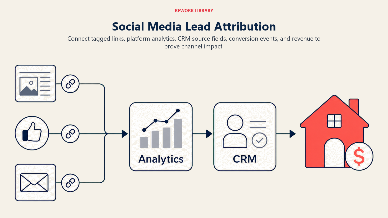 Social Media Lead Attribution: a wide attribution route from tagged link markers through analytics and CRM checkpoints to a coral revenue house