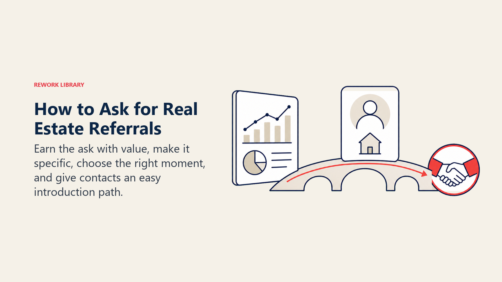 How to Ask for Real Estate Referrals: a gentle referral bridge connecting a helpful market report to a specific introduction card and coral handshake