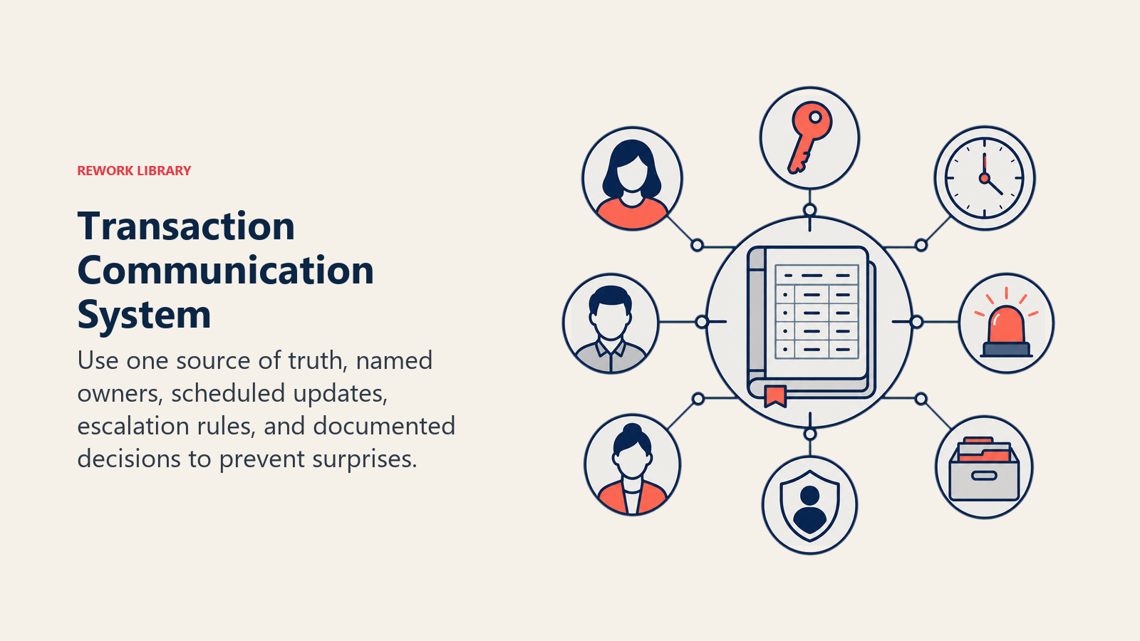 Transaction Communication System illustrated with a central transaction communication hub with one source-of-truth ledger, owner keys, update clock, escalation beacon, and decision archive