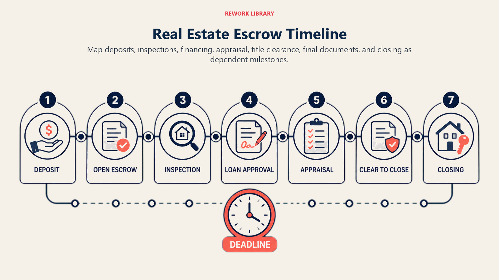 Real Estate Escrow Timeline illustrated with a wide escrow timeline with seven dependent milestone gates from deposit to closing, connected by one clear path and deadline clock