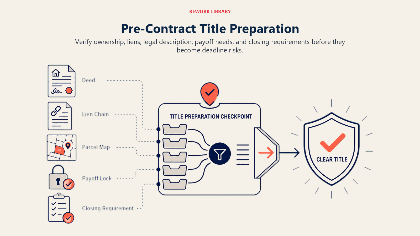 Pre-Contract Title Preparation illustrated with a wide title preparation checkpoint sorting deed, lien chain, parcel map, payoff lock, and closing requirement into a clear title shield
