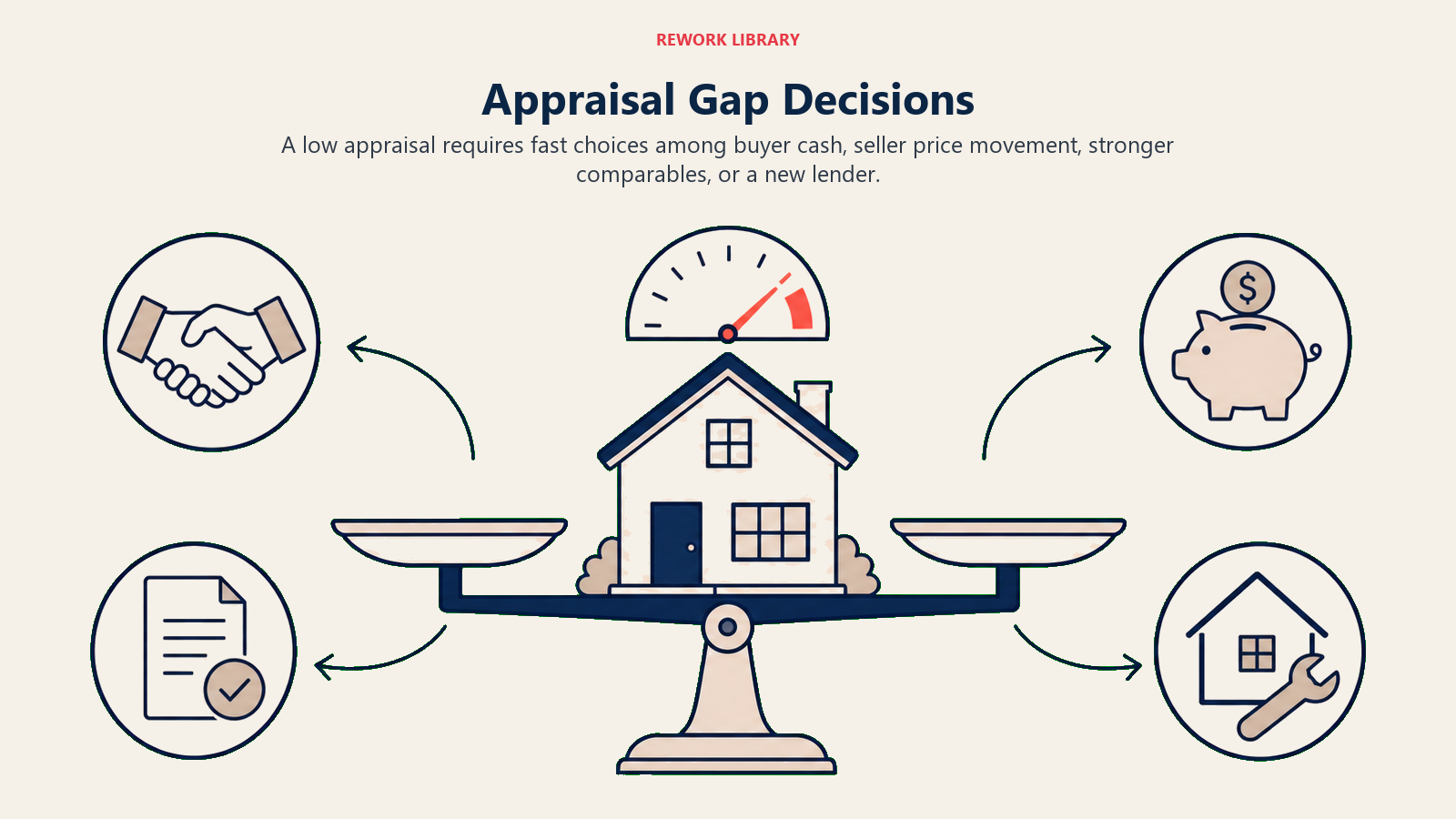 Appraisal Gap Decisions illustrated by Wide balance centered on a house valuation with four distinct resolution paths around the appraisal gap