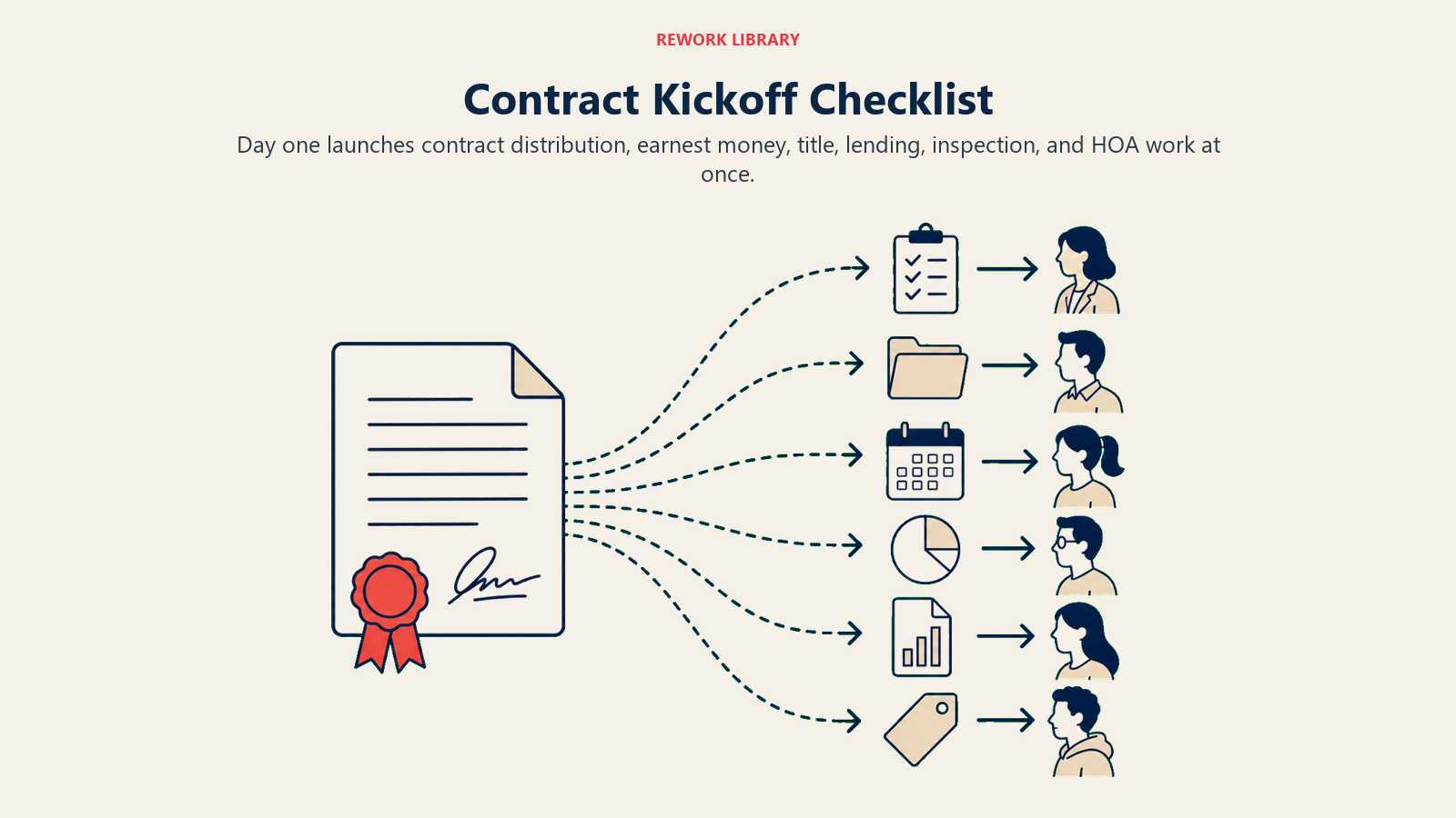 Contract Kickoff Checklist illustrated by Wide kickoff scene with a signed contract releasing six organized task artifacts toward their owners