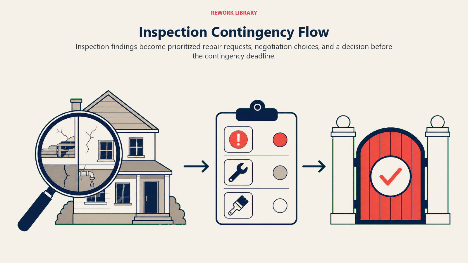 Inspection Contingency Flow illustrated by Wide inspection route from magnified house findings through repair triage to one coral decision gate