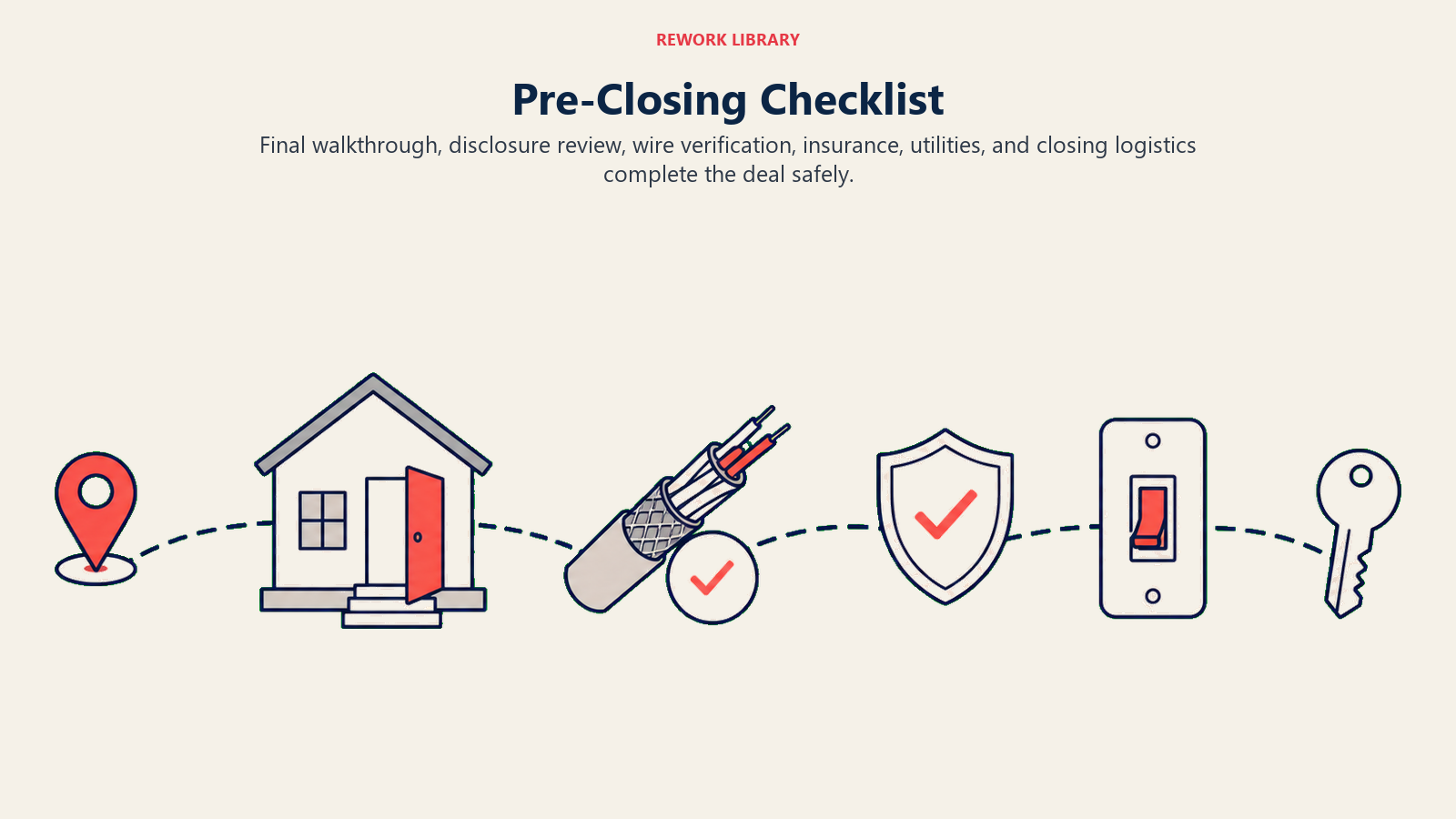 Pre-Closing Checklist illustrated by Wide final-mile checklist route passing a walkthrough house, verified wire shield, insurance badge, utility switch, and closing key