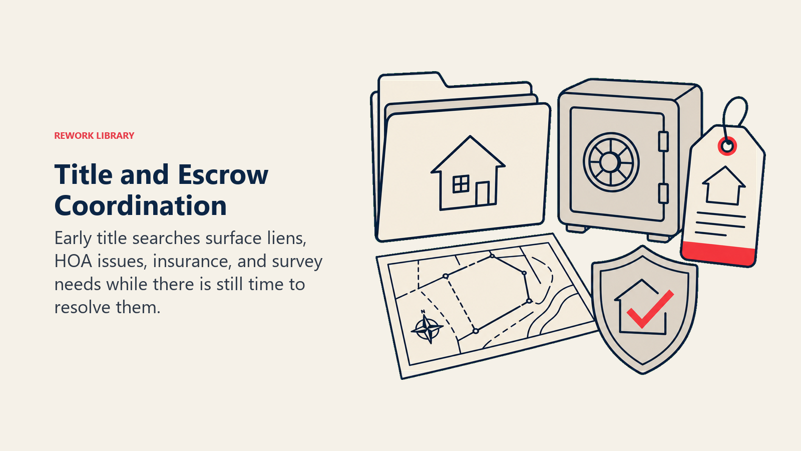 Title and Escrow Coordination illustrated by Title folder, escrow vault, lien tag, survey map, and insurance shield arranged as a precise closing still life