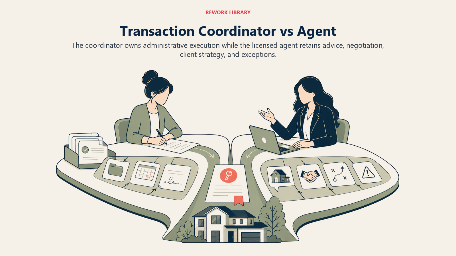 Transaction Coordinator vs Agent illustrated as TC and agent responsibility lanes for a real estate operating system