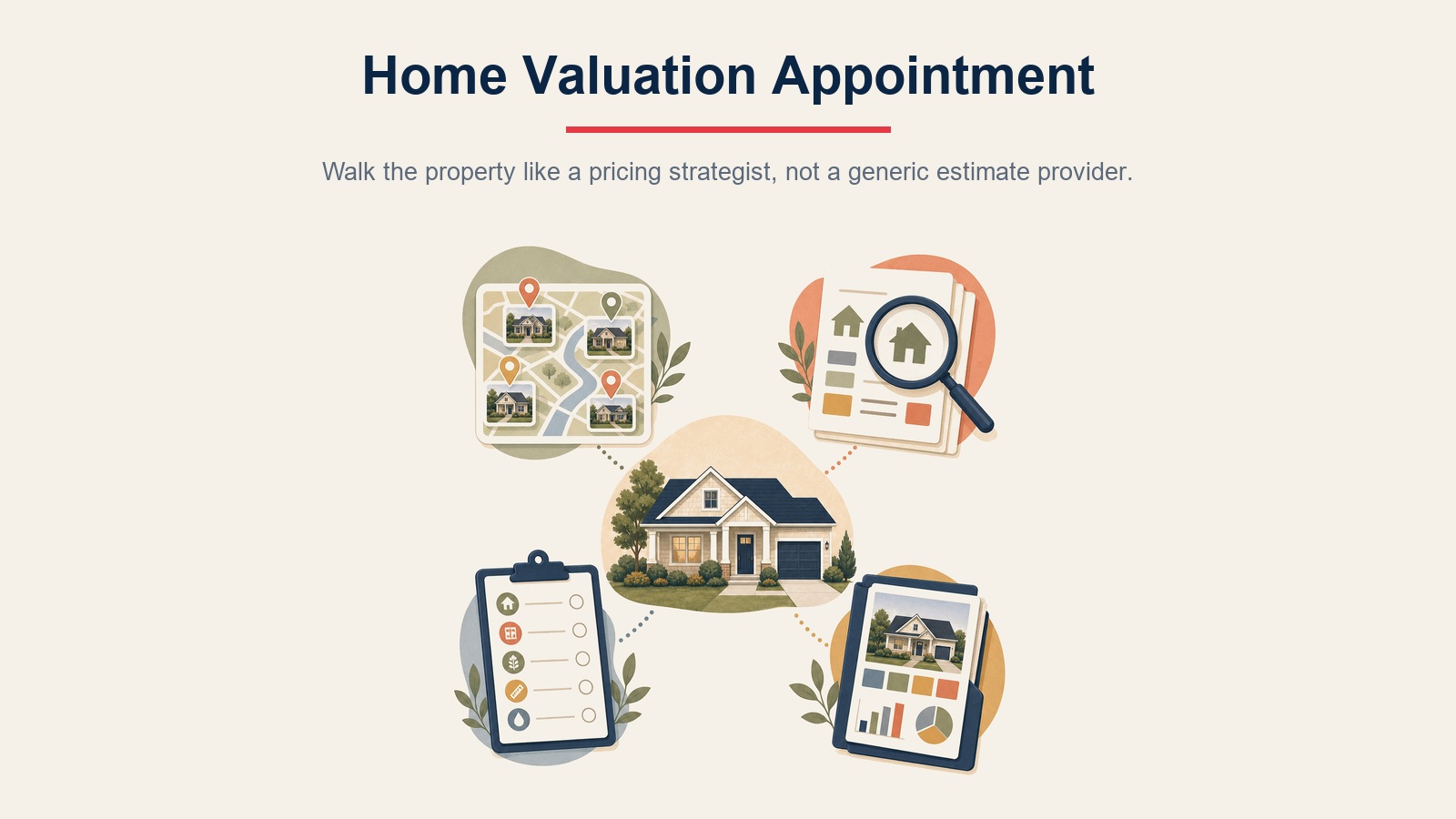 Home valuation appointment walkthrough for assessing condition, features, and pricing strategy