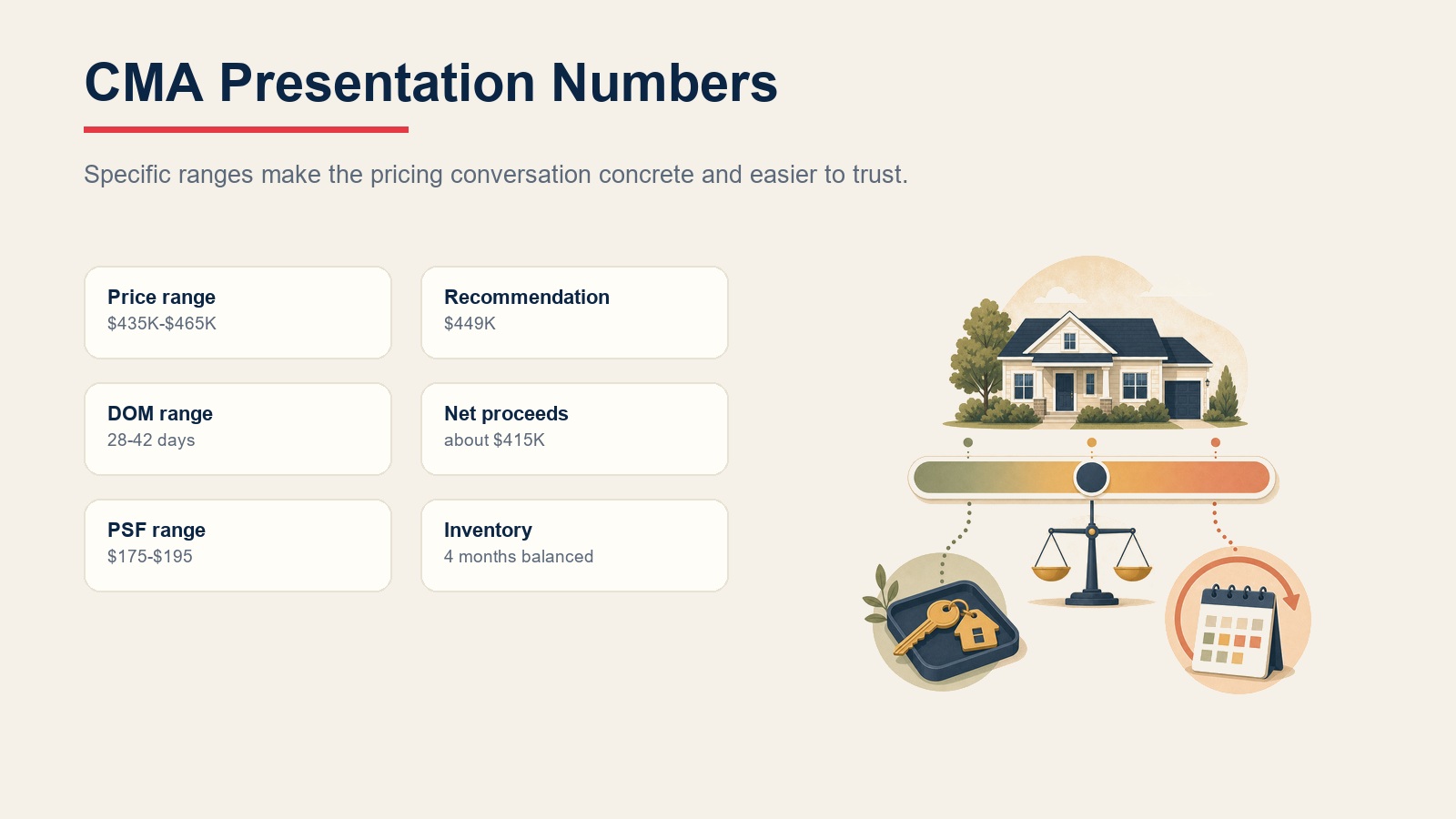 CMA presentation numbers with price range, recommendation, DOM range, net proceeds, price per square foot, and inventory