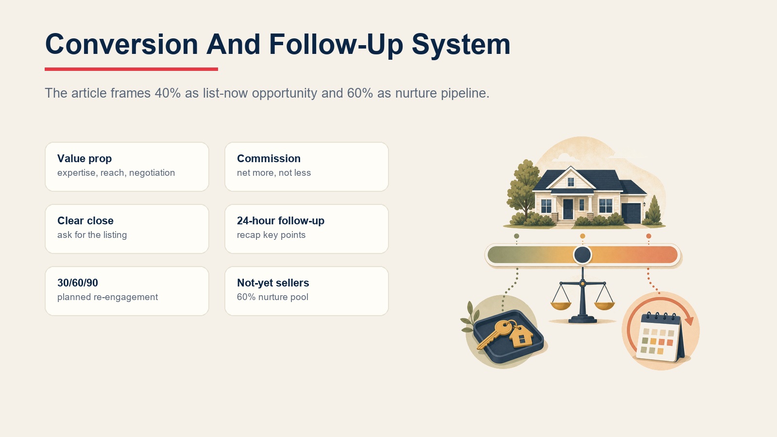 Home valuation conversion and follow-up system for value proposition, commission, close, 24 hour follow-up, re-engagement, and nurture