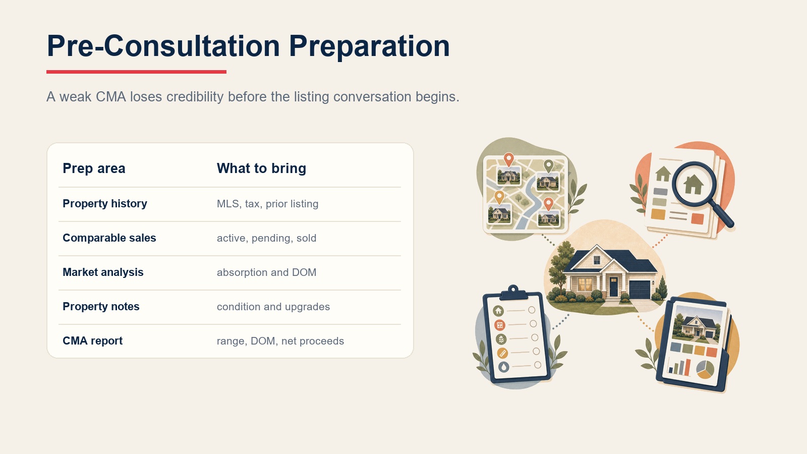 Home valuation pre-consultation preparation covering property history, comparable sales, market analysis, property notes, and CMA report
